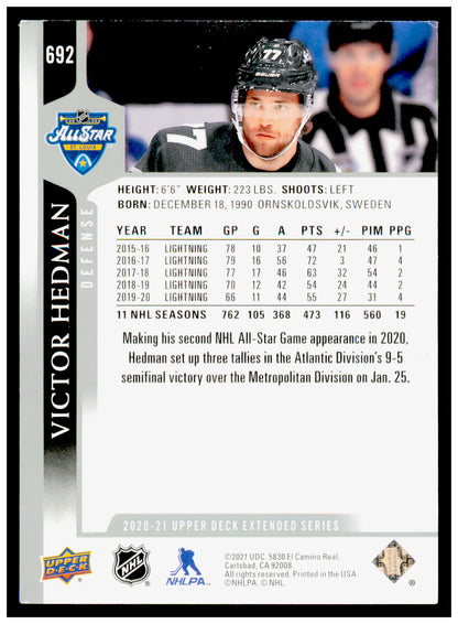 2020-21 Upper Deck Victor Hedman Card Tampa Bay Lightning #692