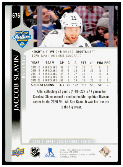 2020-21 Upper Deck Jaccob Slavin Card Carolina Hurricanes #676