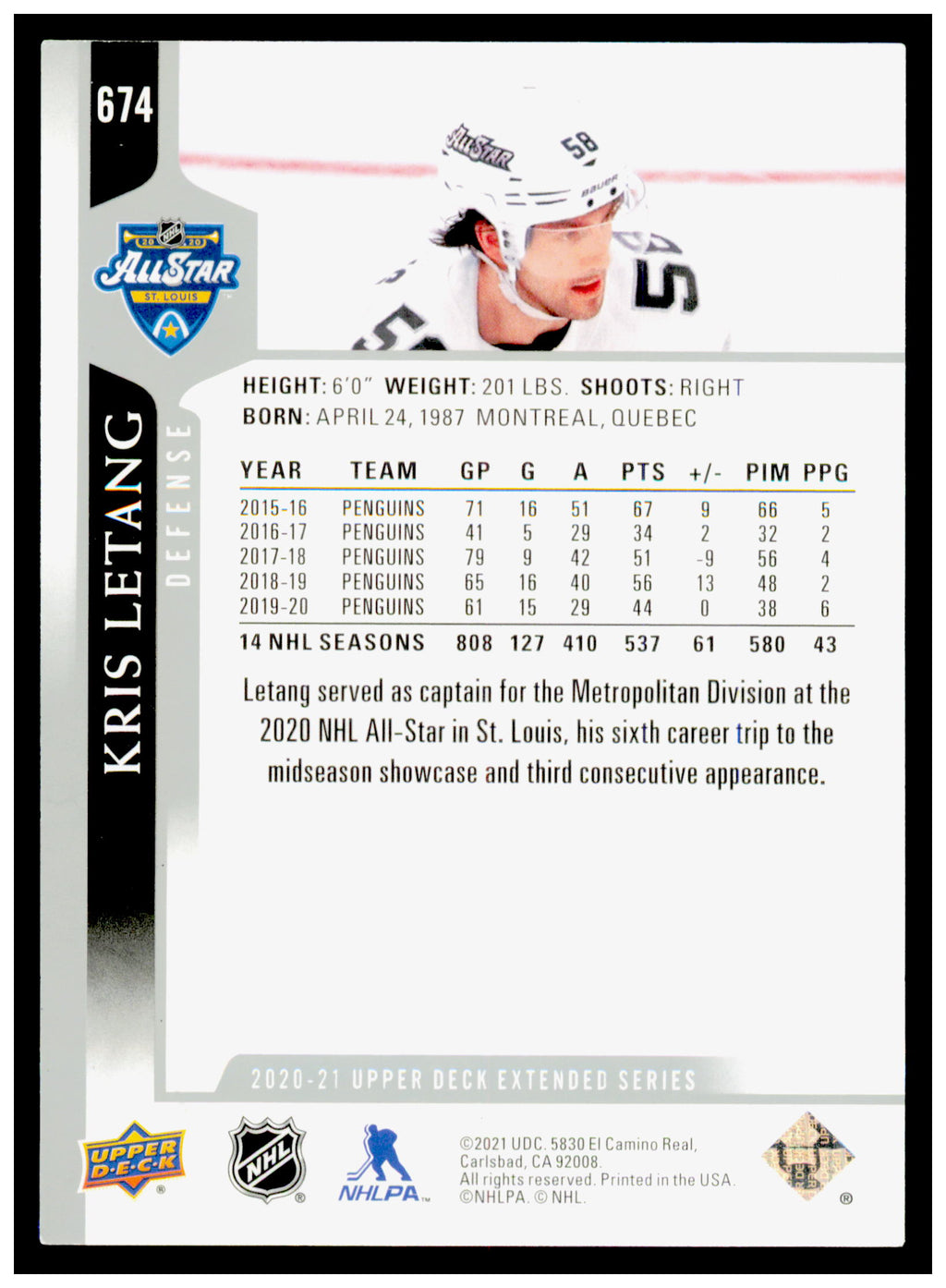 2020-21 Upper Deck Kris Letang Card Pittsburgh Penguins #674