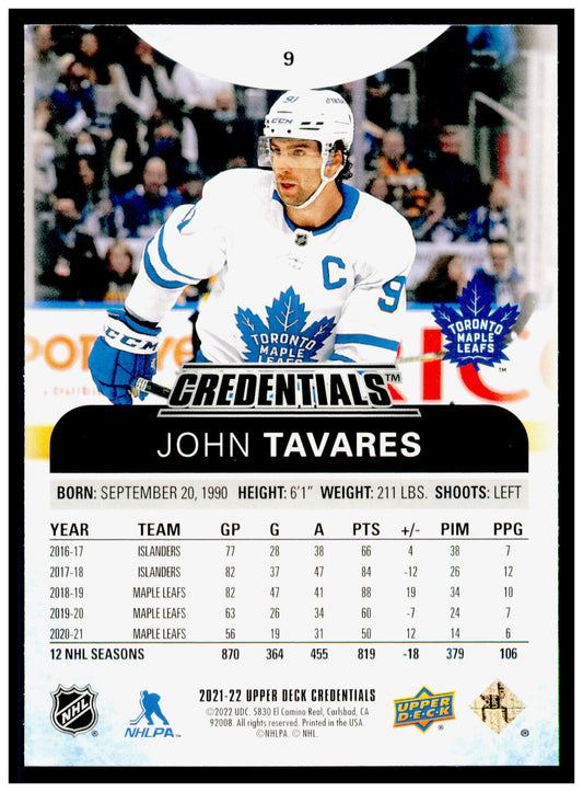 2021-22 Upper Deck Credentials John Tavares Card Toronto Maple Leafs #9