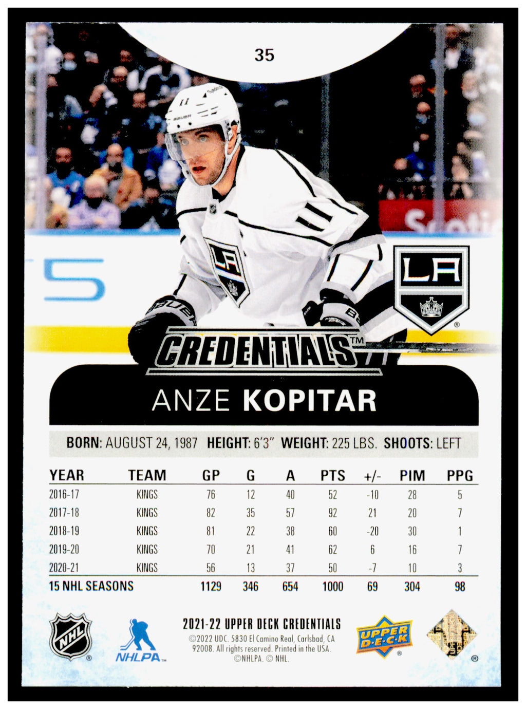 2021-22 Upper Deck Credentials Anze Kopitar Card Los Angeles Kings #35
