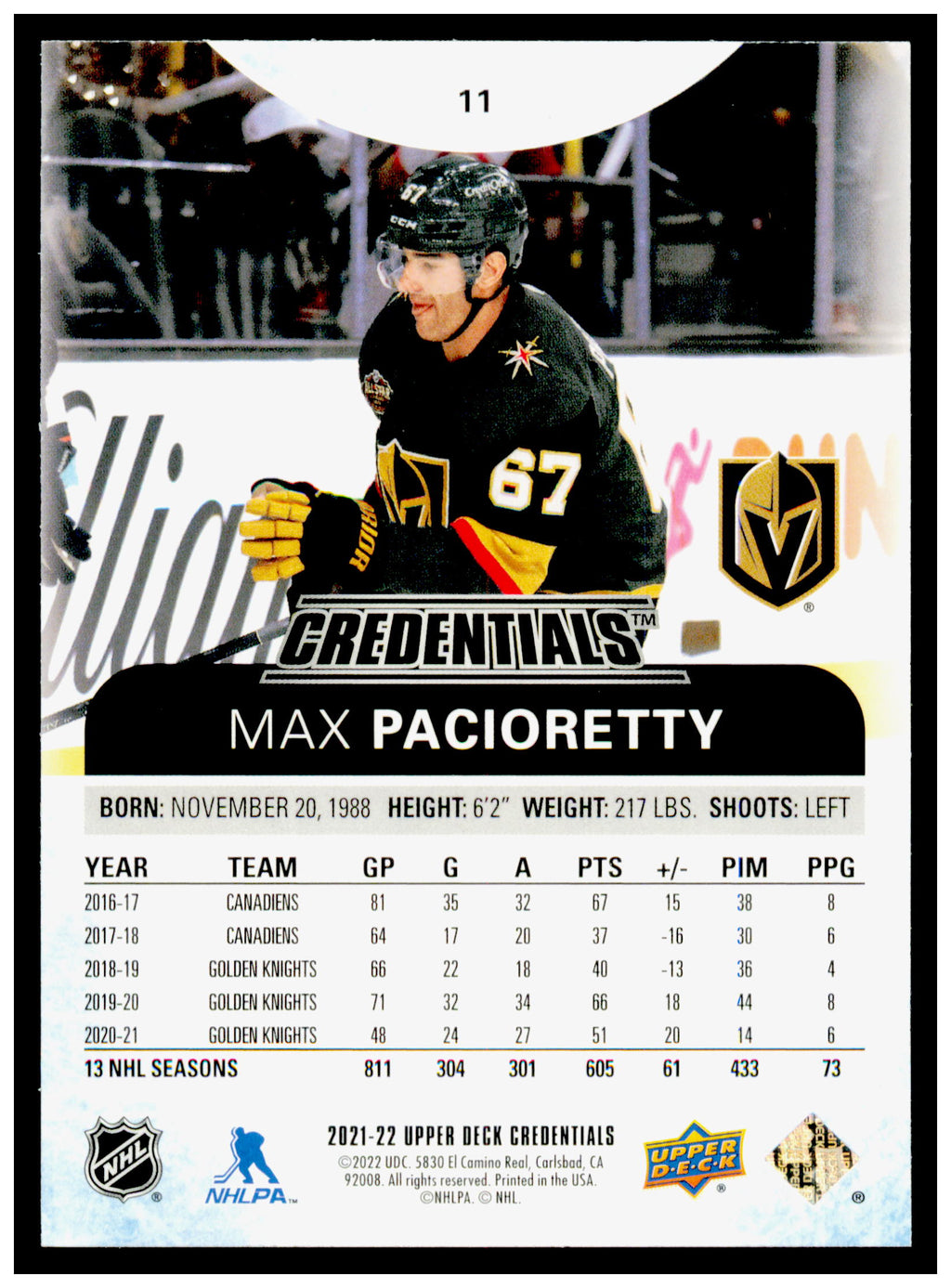2021-22 Upper Deck Credentials Max Pacioretty Card Vegas Golden Knights #11