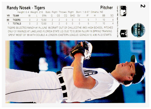 1990 Upper Deck Randy Nosek Card RC Detroit Tigers #2