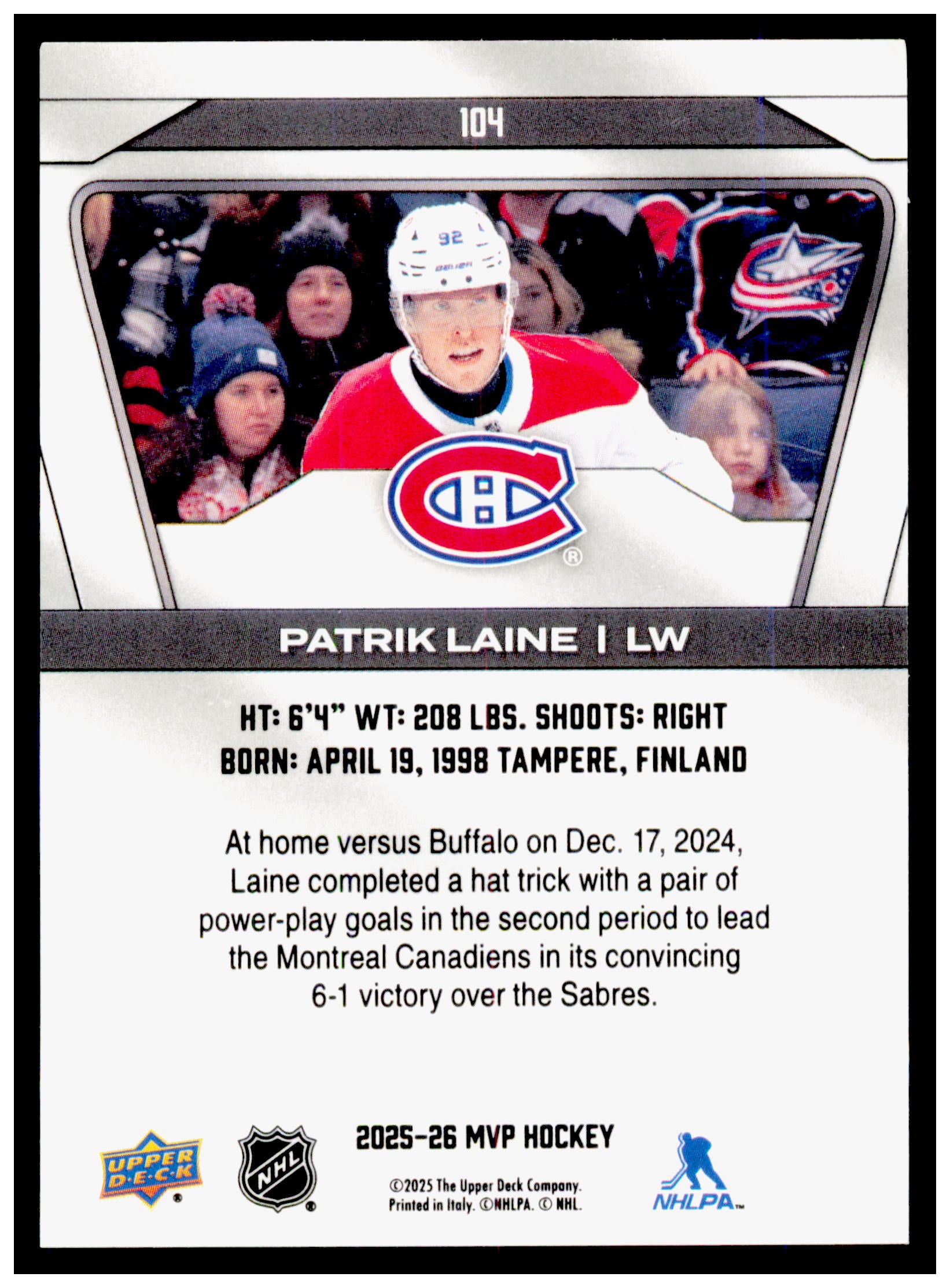 2025-26 Upper Deck MVP Patrik Laine Card Montreal Canadiens #104