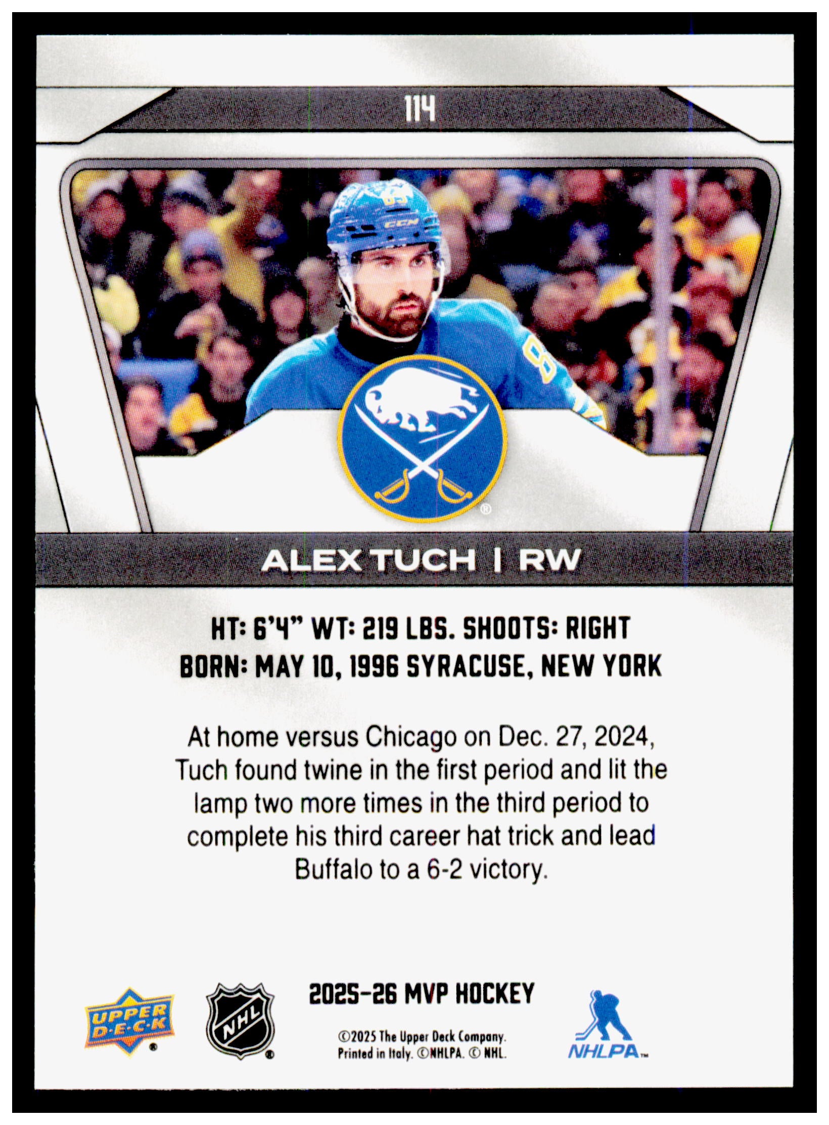 2025-26 Upper Deck MVP Alex Tuch Card Buffalo Sabres #114
