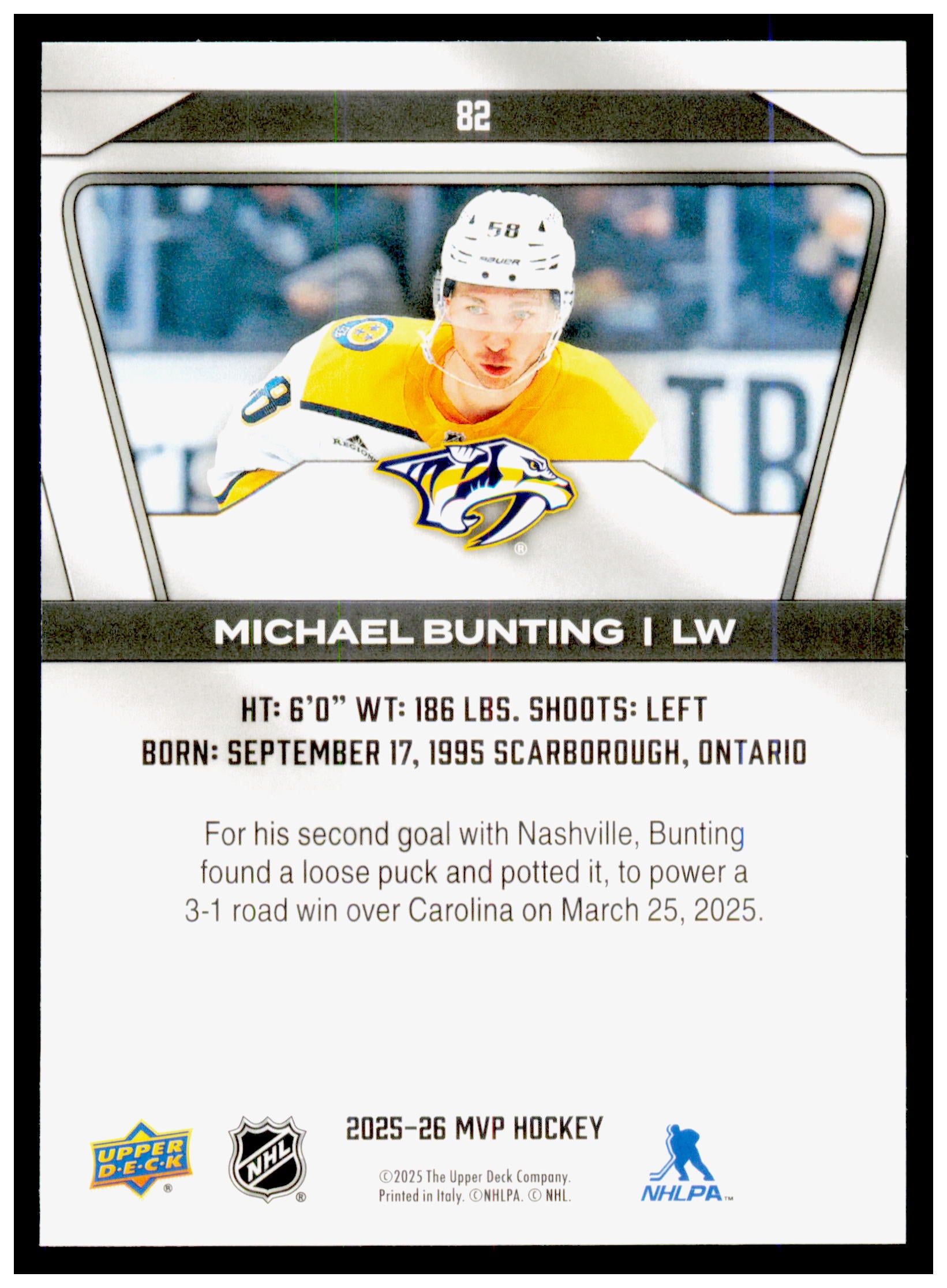 2025-26 Upper Deck MVP Michael Bunting Card Nashville Predators #82