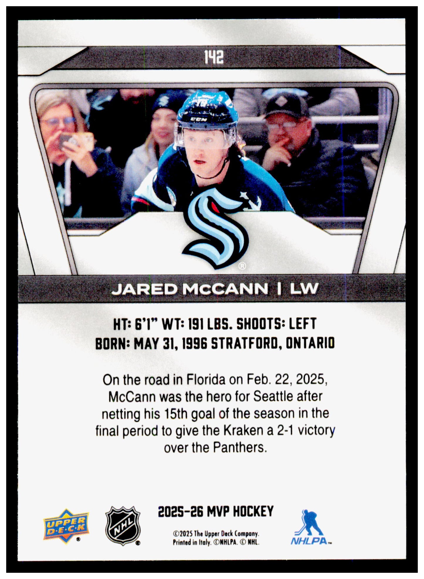 2025-26 Upper Deck MVP Jared McCann Card Seattle Kraken #142