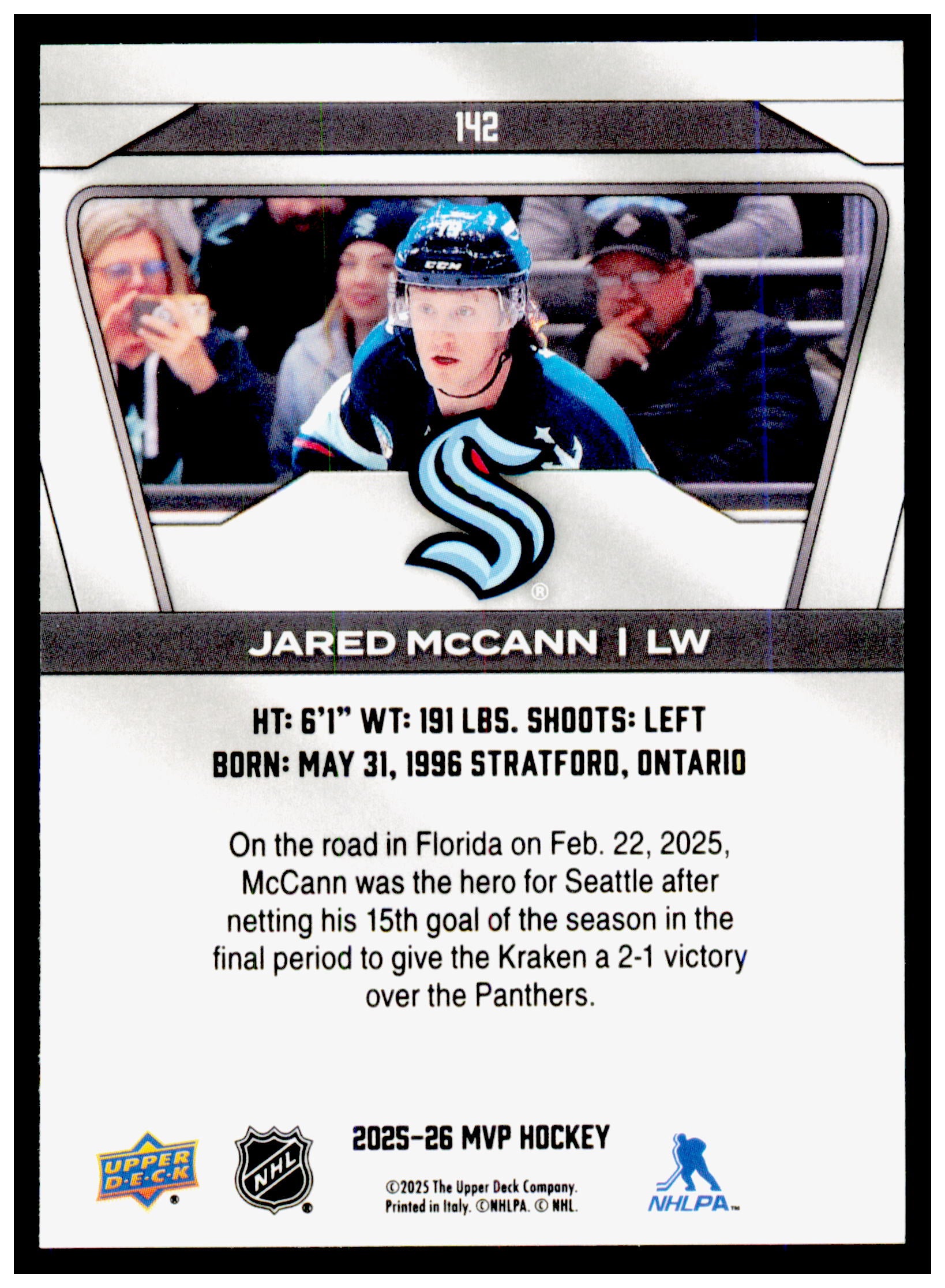 2025-26 Upper Deck MVP Jared McCann Card Seattle Kraken #142