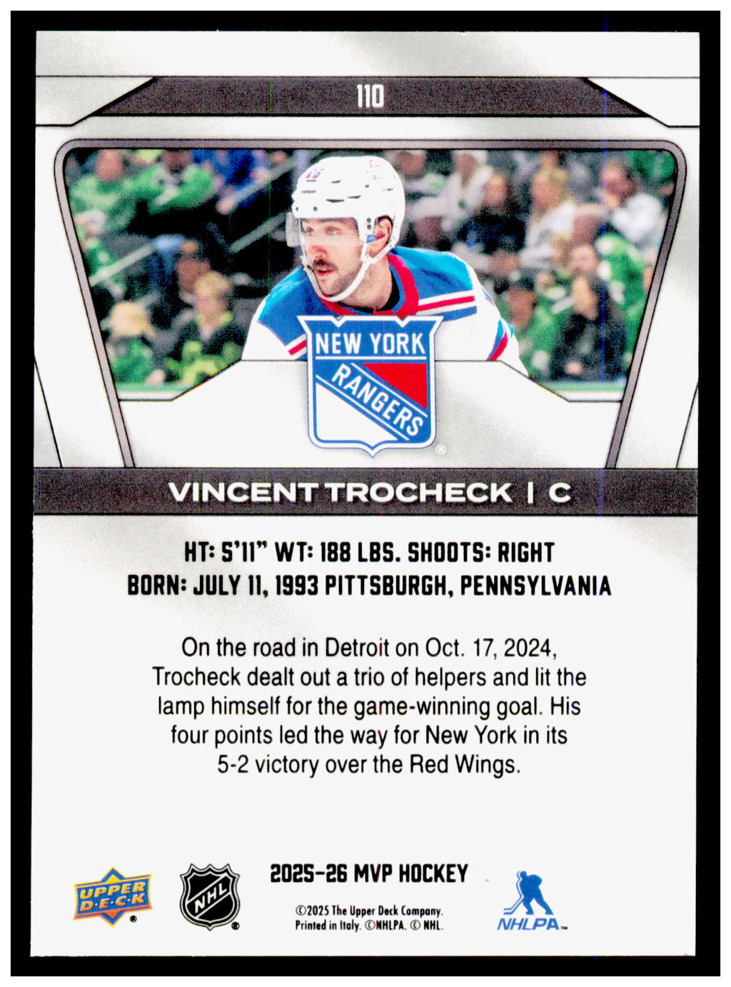 2025-26 Upper Deck MVP Vincent Trocheck Card New York Rangers #110