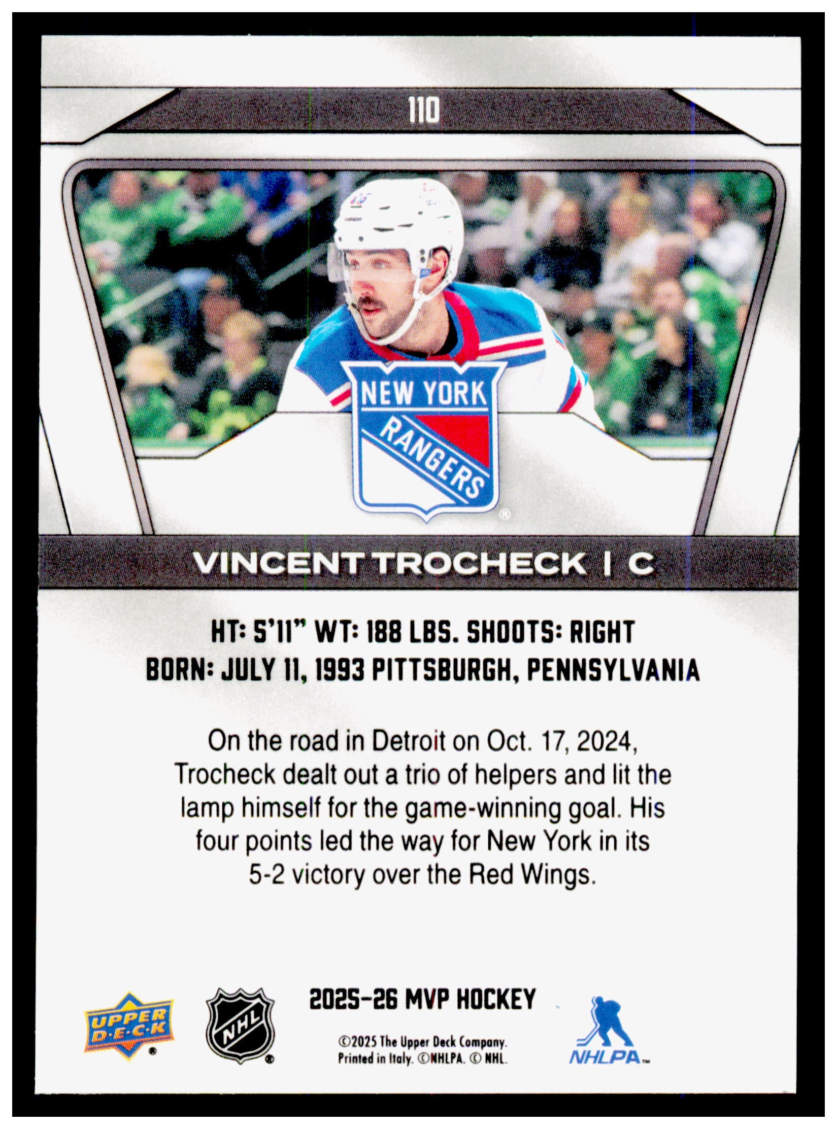 2025-26 Upper Deck MVP Vincent Trocheck Card New York Rangers #110