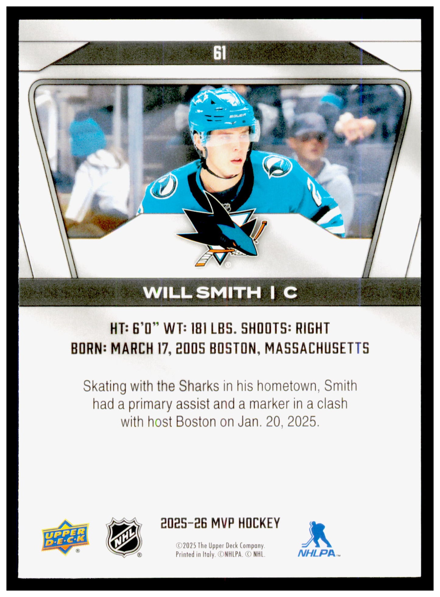 2025-26 Upper Deck MVP Will Smith Card San Jose Sharks #61