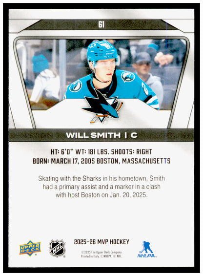 2025-26 Upper Deck MVP Will Smith Card San Jose Sharks #61