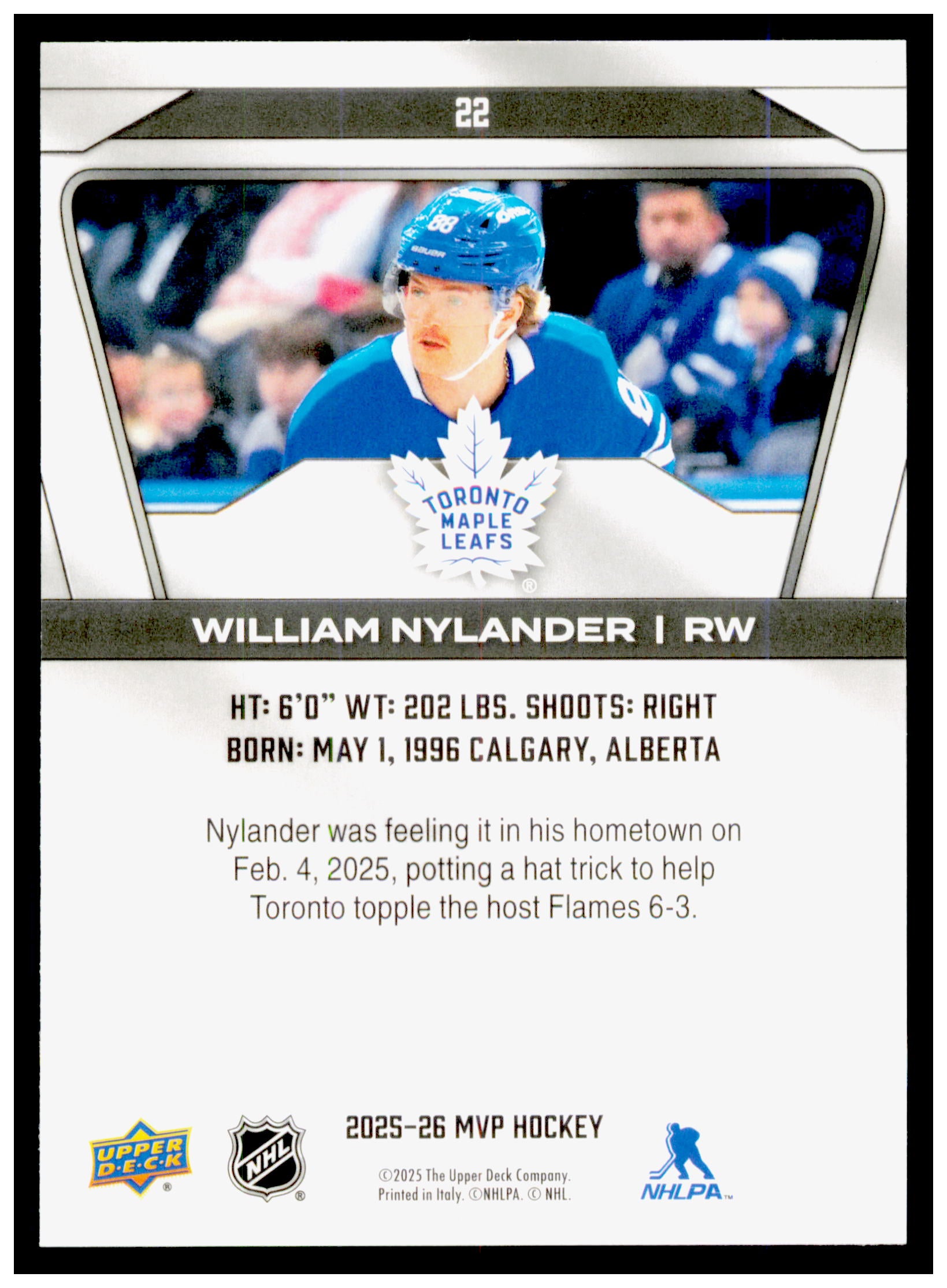 2025-26 Upper Deck MVP William Nylander Card Toronto Maple Leafs #22
