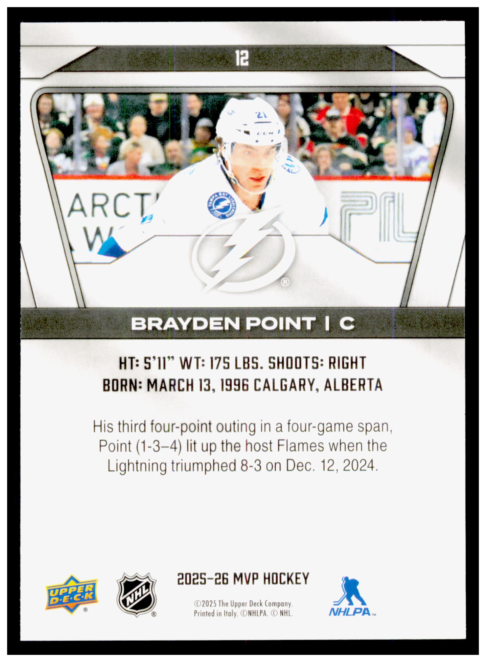 2025-26 Upper Deck MVP Brayden Point Card Tampa Bay Lightning #12