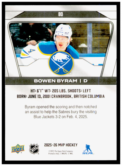 2025-26 Upper Deck MVP Bowen Byram Card Buffalo Sabres #80