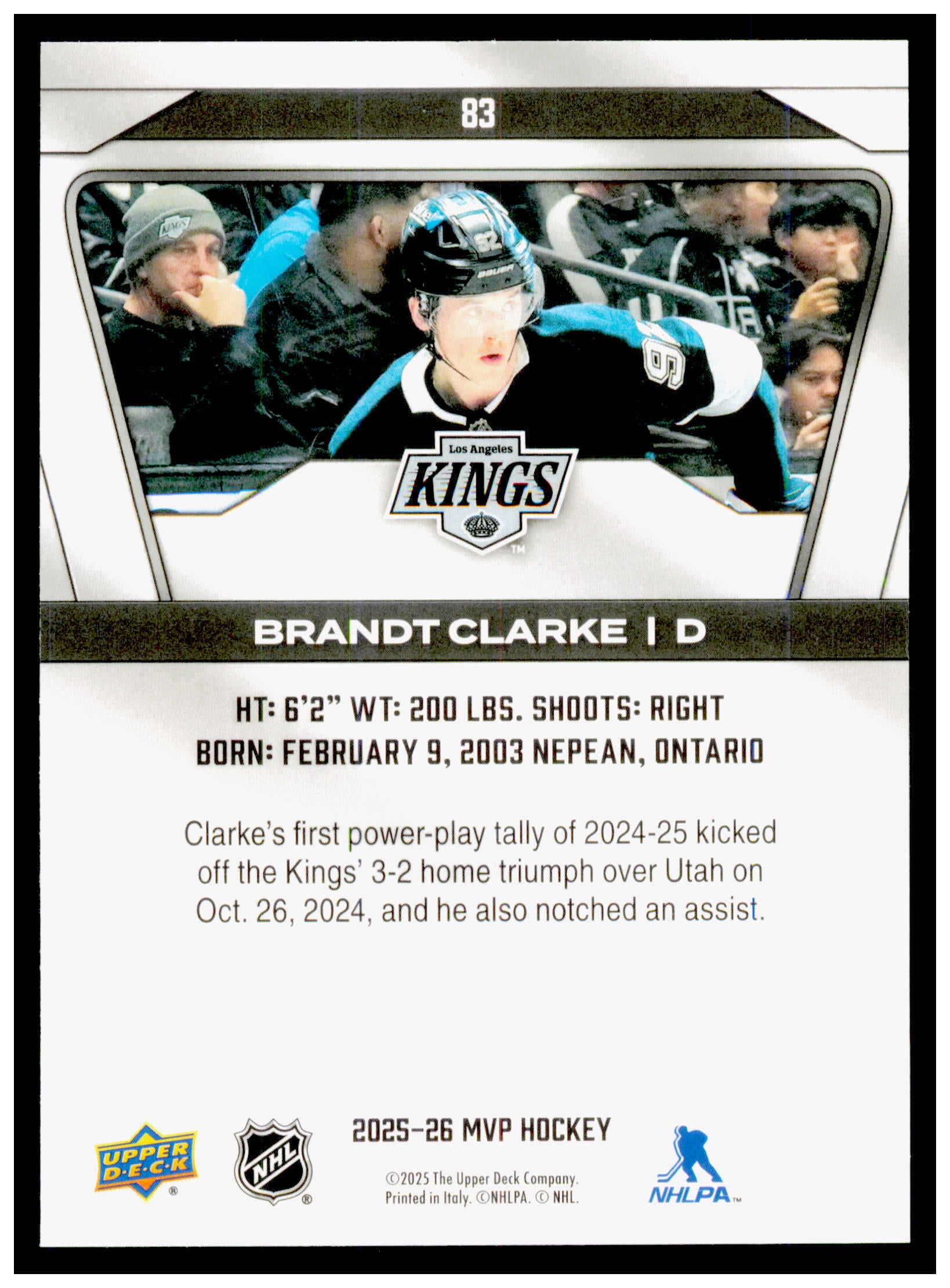 2025-26 Upper Deck MVP Brandt Clarke Card Los Angeles Kings #83