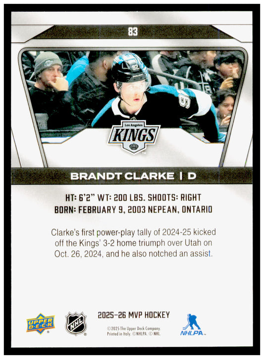 2025-26 Upper Deck MVP Brandt Clarke Card Los Angeles Kings #83