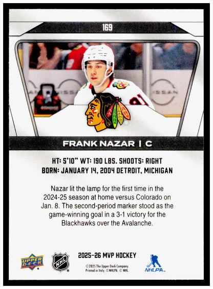 2025-26 Upper Deck MVP Frank Nazar Card Chicago Blackhawks #169