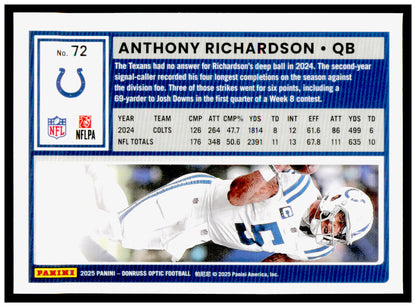 2025 Donruss Optic Anthony Richardson Card Indianapolis Colts #72