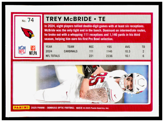 2025 Donruss Optic Trey McBride Card Arizona Cardinals #74