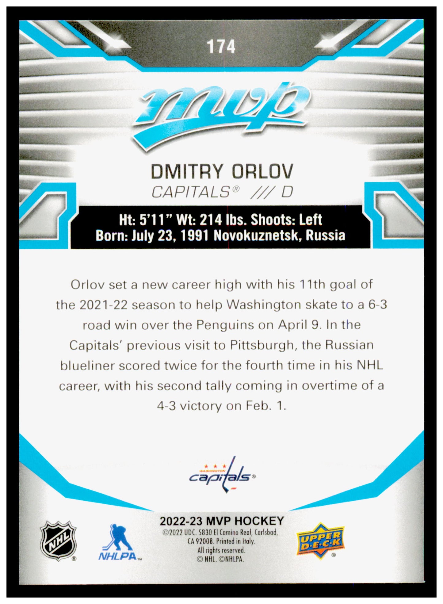2022-23 Upper Deck MVP Dmitry Orlov Card Ice Battles Gold  Capitals #174