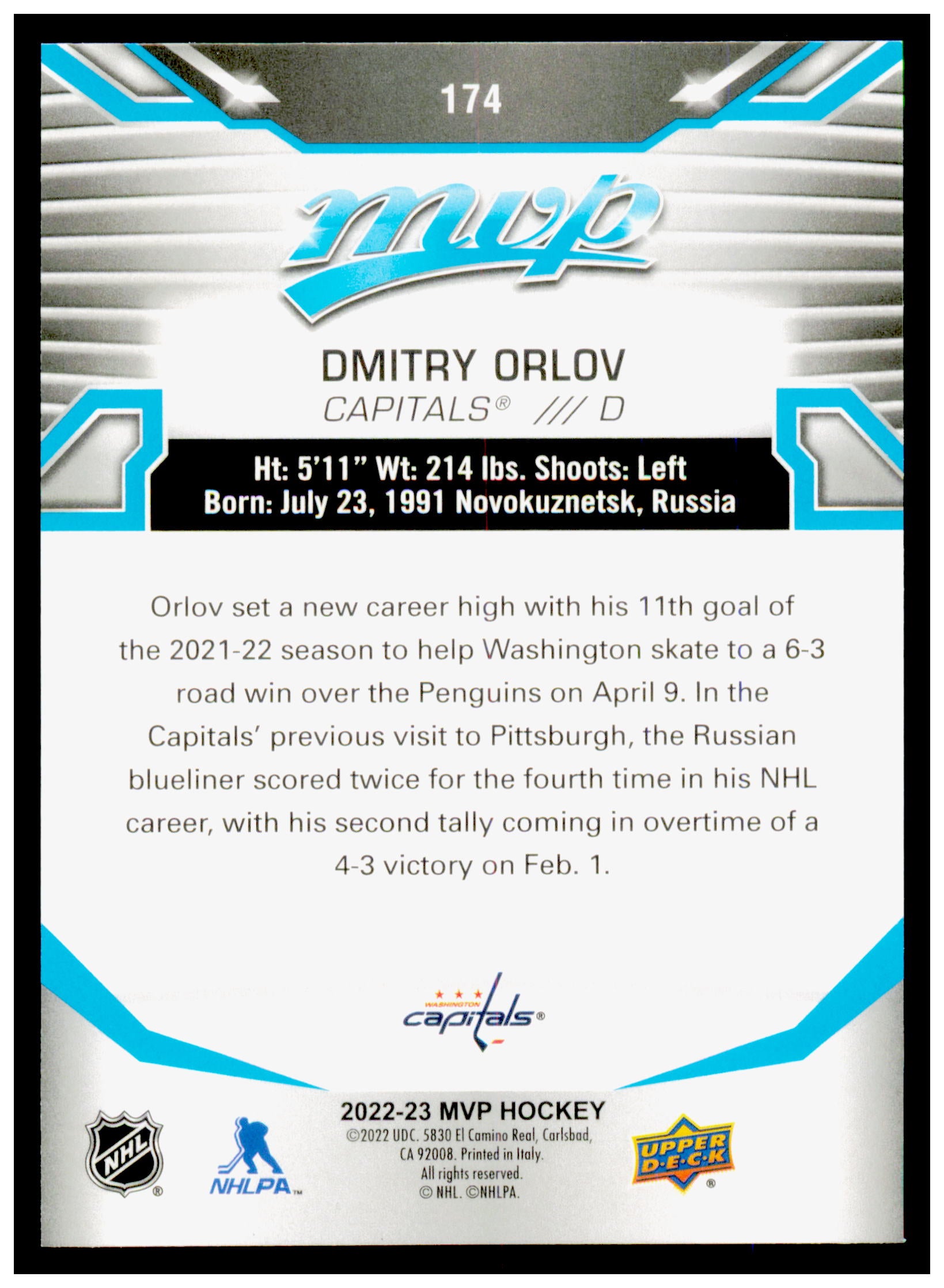 2022-23 Upper Deck MVP Dmitry Orlov Card Ice Battles Gold  Capitals #174