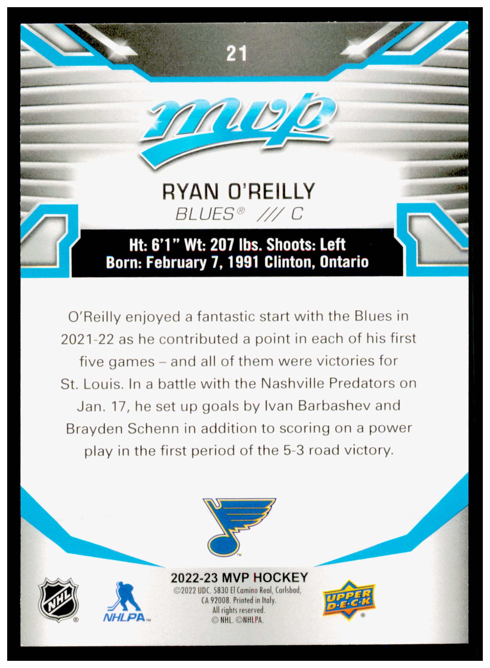 2022-23 Upper Deck MVP Ryan O'Reilly Card St. Louis Blues #21