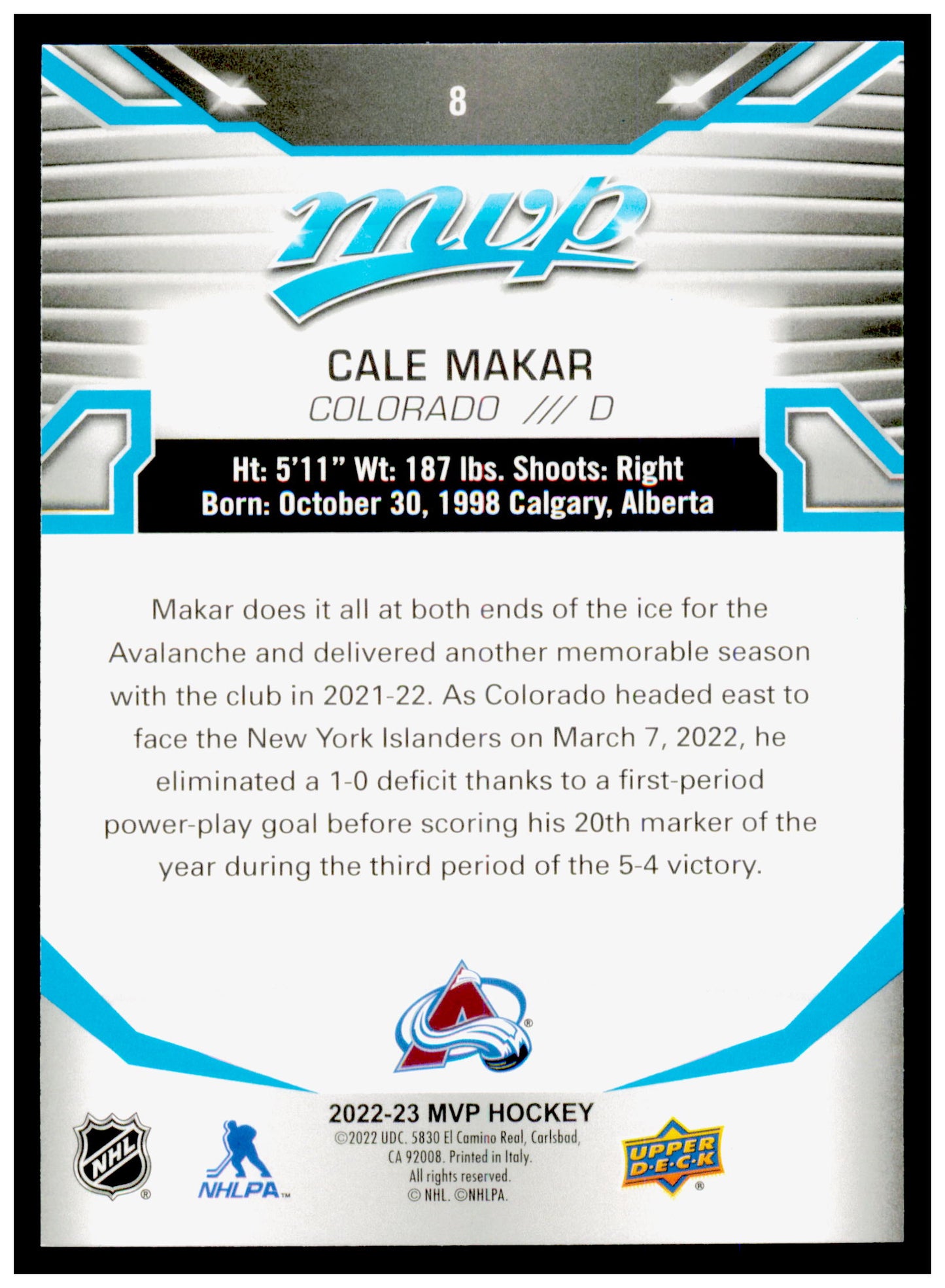 2022-23 Upper Deck MVP Cale Makar Card Colorado Avalanche #8