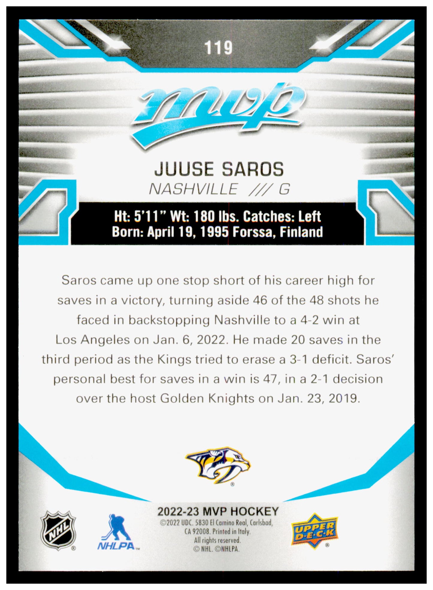 2022-23 Upper Deck MVP Juuse Saros Card Nashville Predators #119