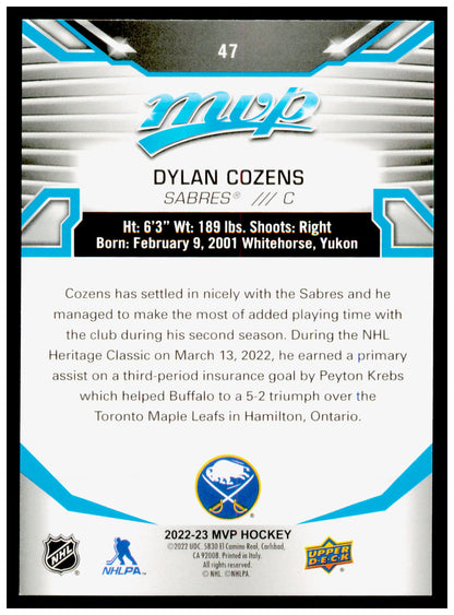 2022-23 Upper Deck MVP Dylan Cozens Card Buffalo Sabres #47