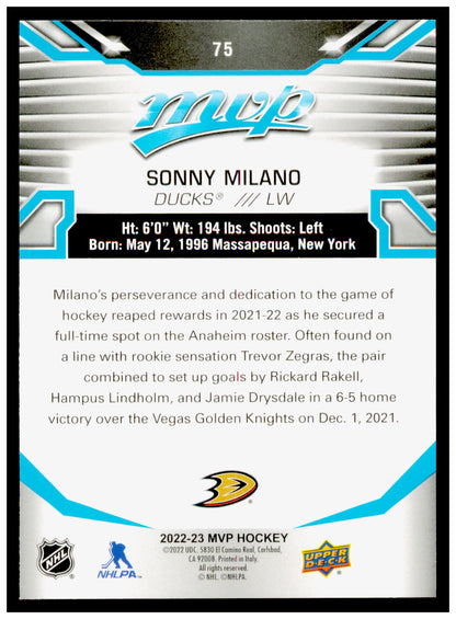 2022-23 Upper Deck MVP Sonny Milano Card Anaheim Ducks #75