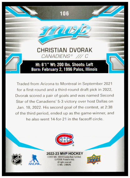 2022-23 Upper Deck MVP Christian Dvorak Card Montreal Canadiens #106
