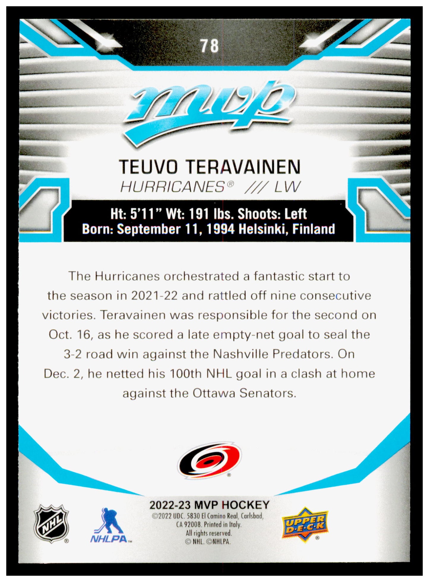 2022-23 Upper Deck MVP Teuvo Teravainen Card Carolina Hurricanes #78