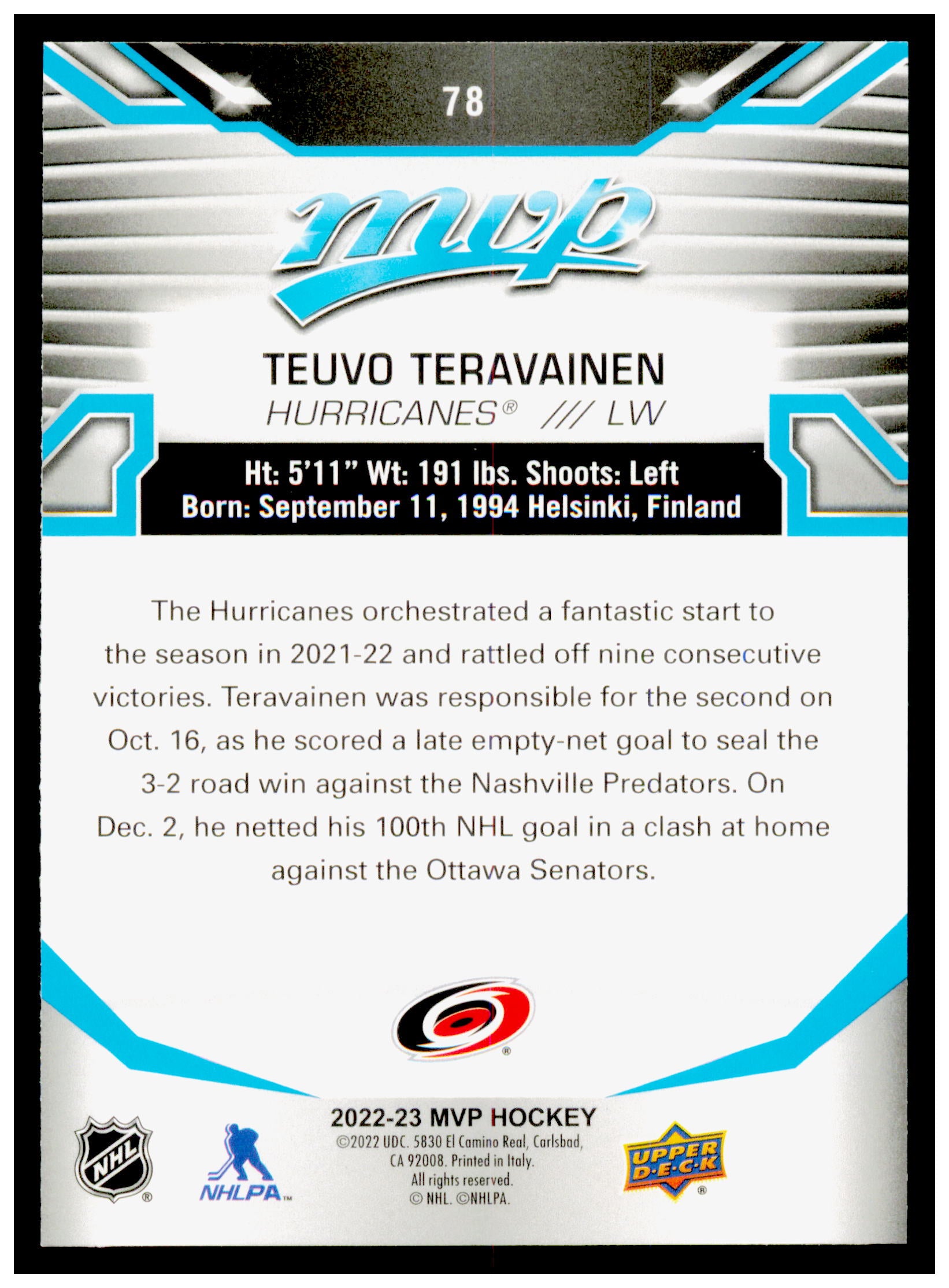 2022-23 Upper Deck MVP Teuvo Teravainen Card Carolina Hurricanes #78