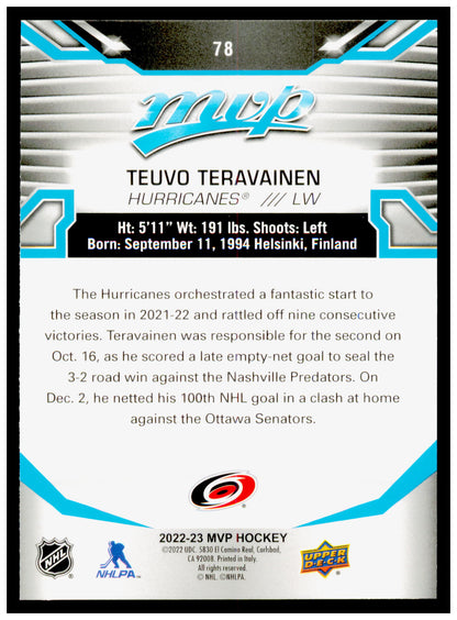 2022-23 Upper Deck MVP Teuvo Teravainen Card Carolina Hurricanes #78