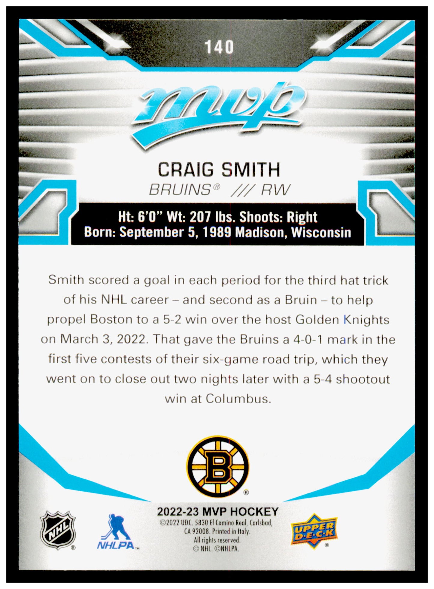 2022-23 Upper Deck MVP Craig Smith Card Boston Bruins #140