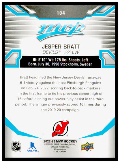 2022-23 Upper Deck MVP Jesper Bratt Card New Jersey Devils #104