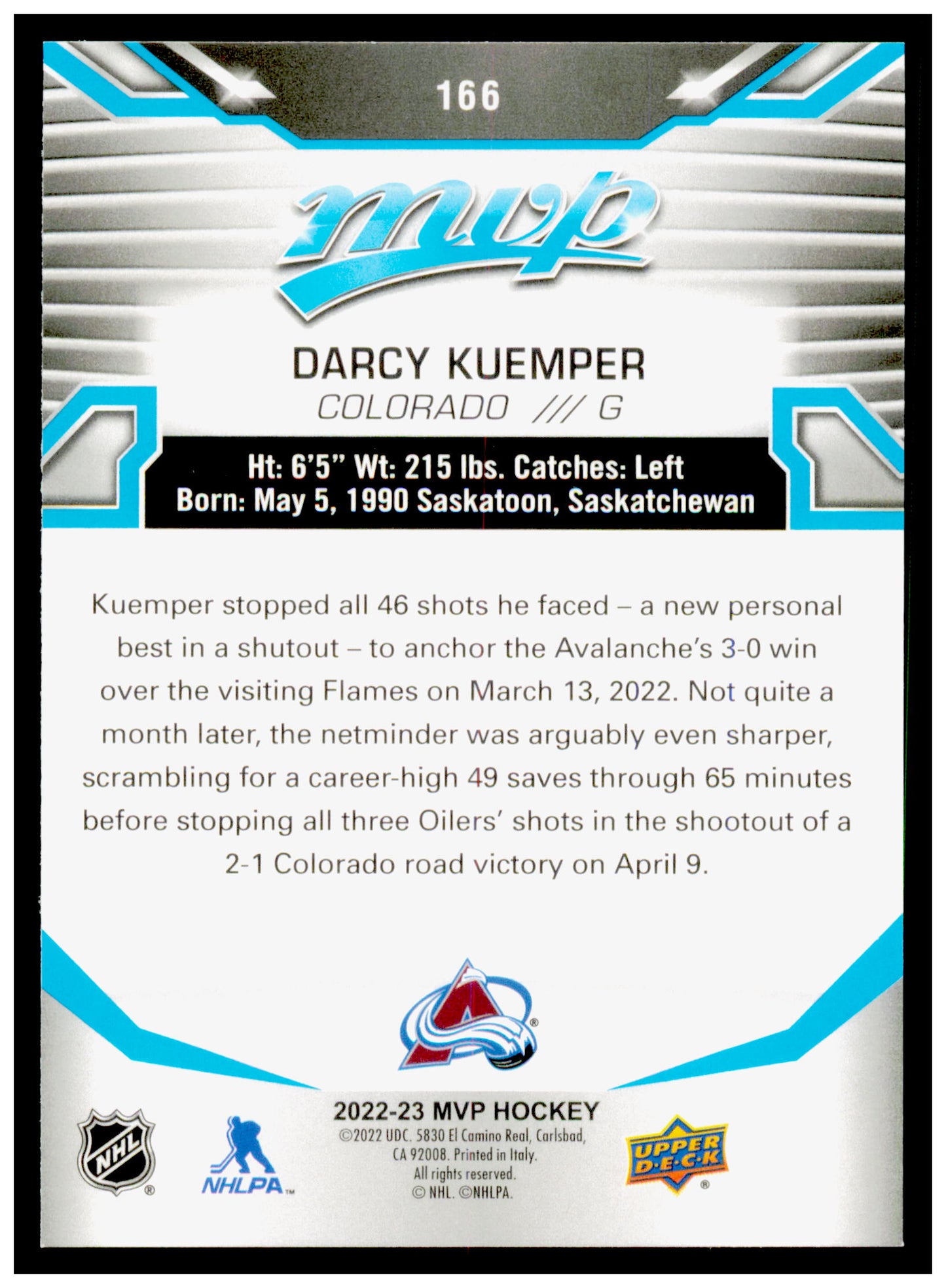 2022-23 Upper Deck MVP Darcy Kuemper Card Colorado Avalanche #166