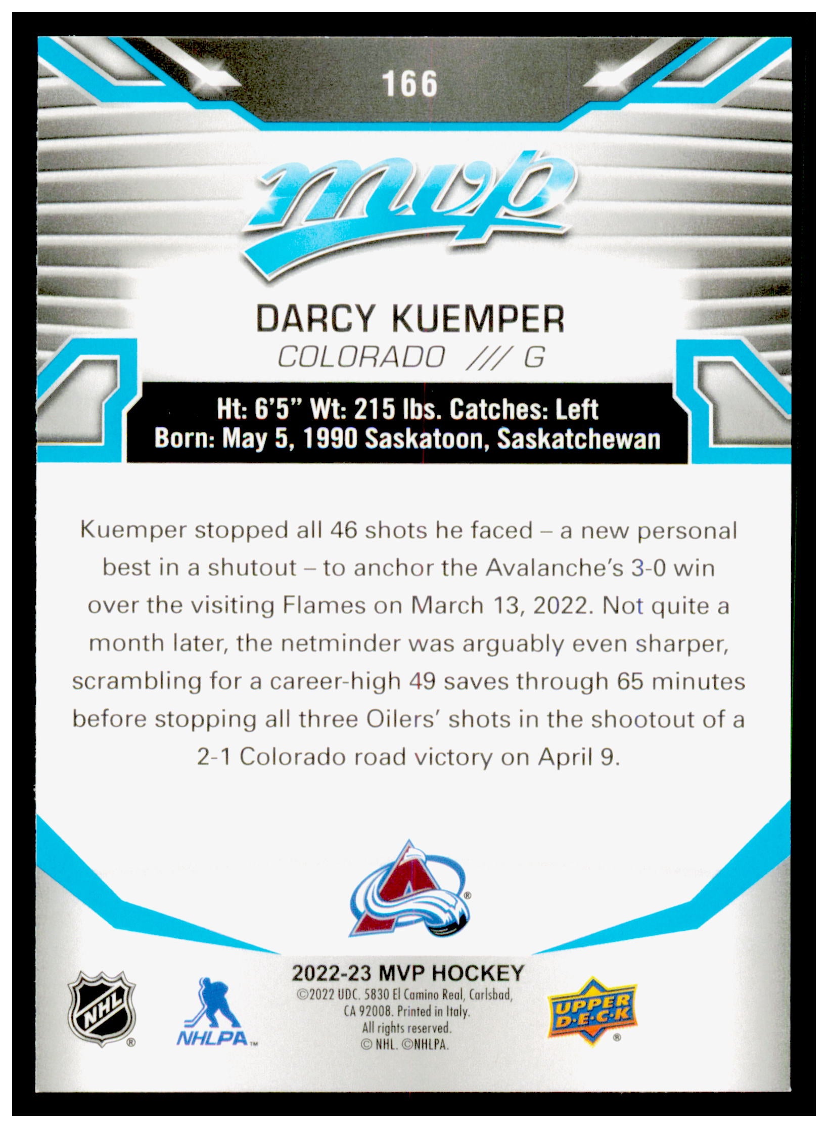 2022-23 Upper Deck MVP Darcy Kuemper Card Colorado Avalanche #166