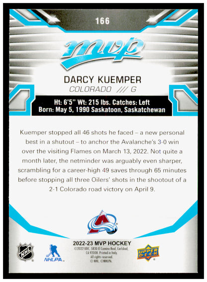 2022-23 Upper Deck MVP Darcy Kuemper Card Colorado Avalanche #166