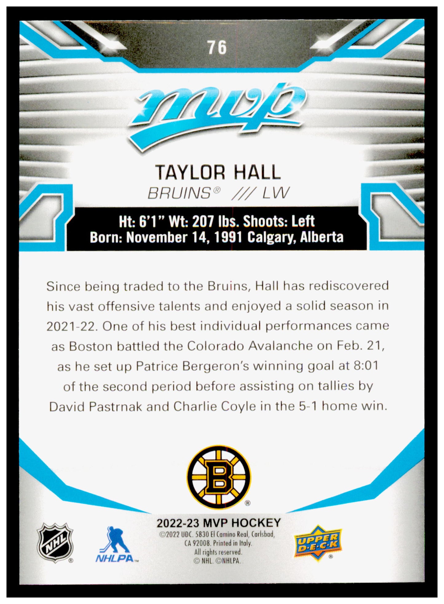 2022-23 Upper Deck MVP Taylor Hall Card Boston Bruins #76
