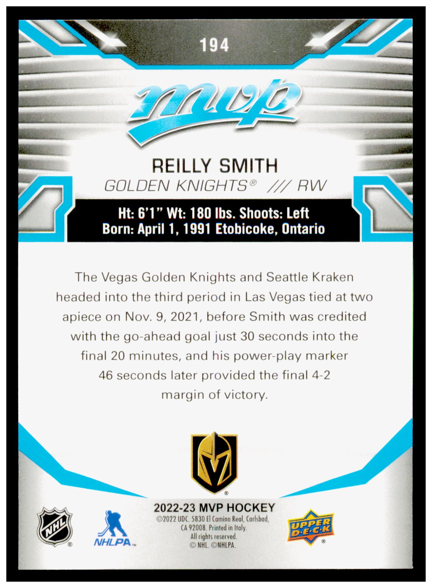 2022-23 Upper Deck MVP Reilly Smith Card Vegas Golden Knights #194