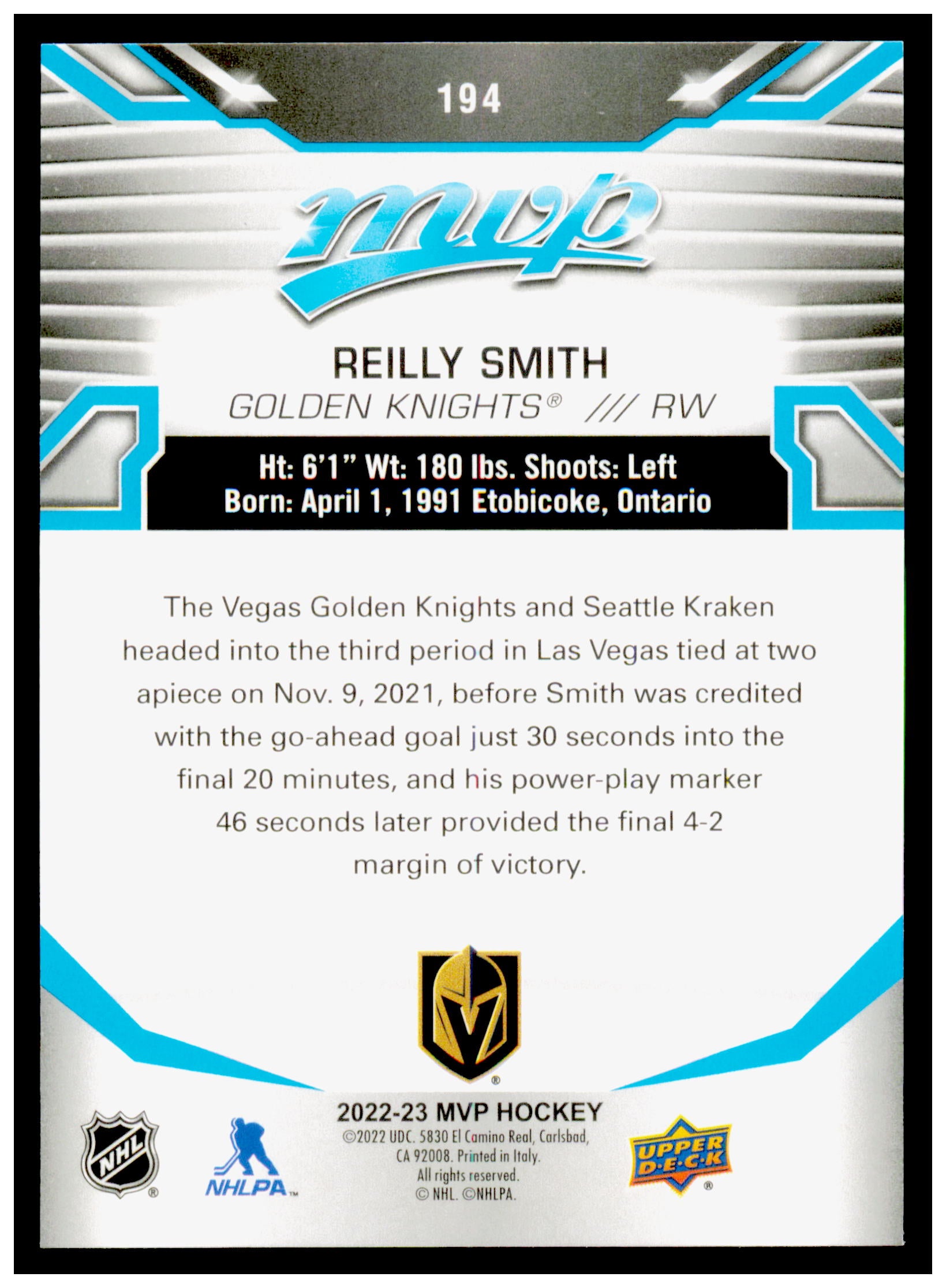 2022-23 Upper Deck MVP Reilly Smith Card Vegas Golden Knights #194