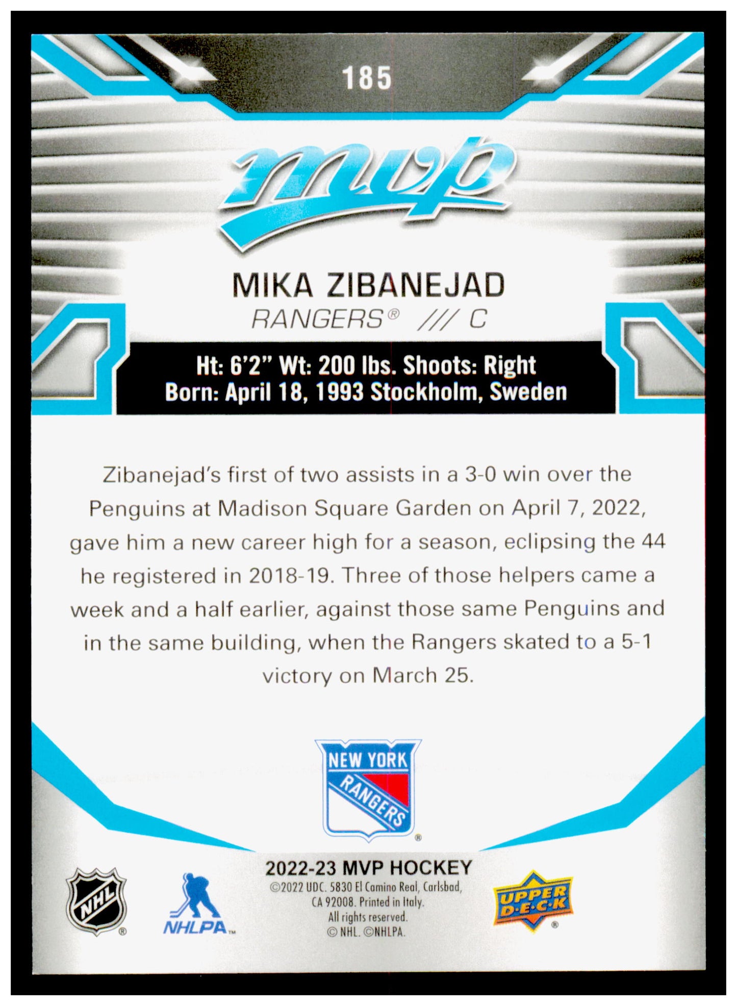 2022-23 Upper Deck MVP Mika Zibanejad Card New York Rangers #185
