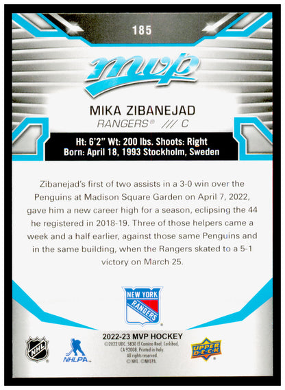 2022-23 Upper Deck MVP Mika Zibanejad Card New York Rangers #185
