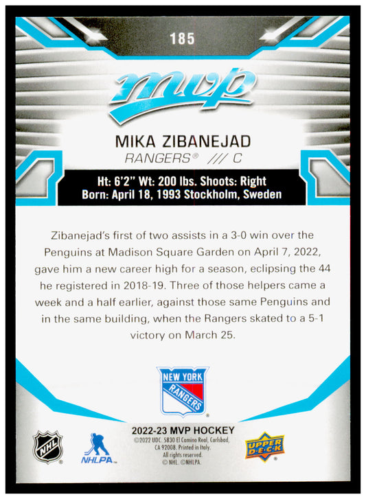 2022-23 Upper Deck MVP Mika Zibanejad Card New York Rangers #185