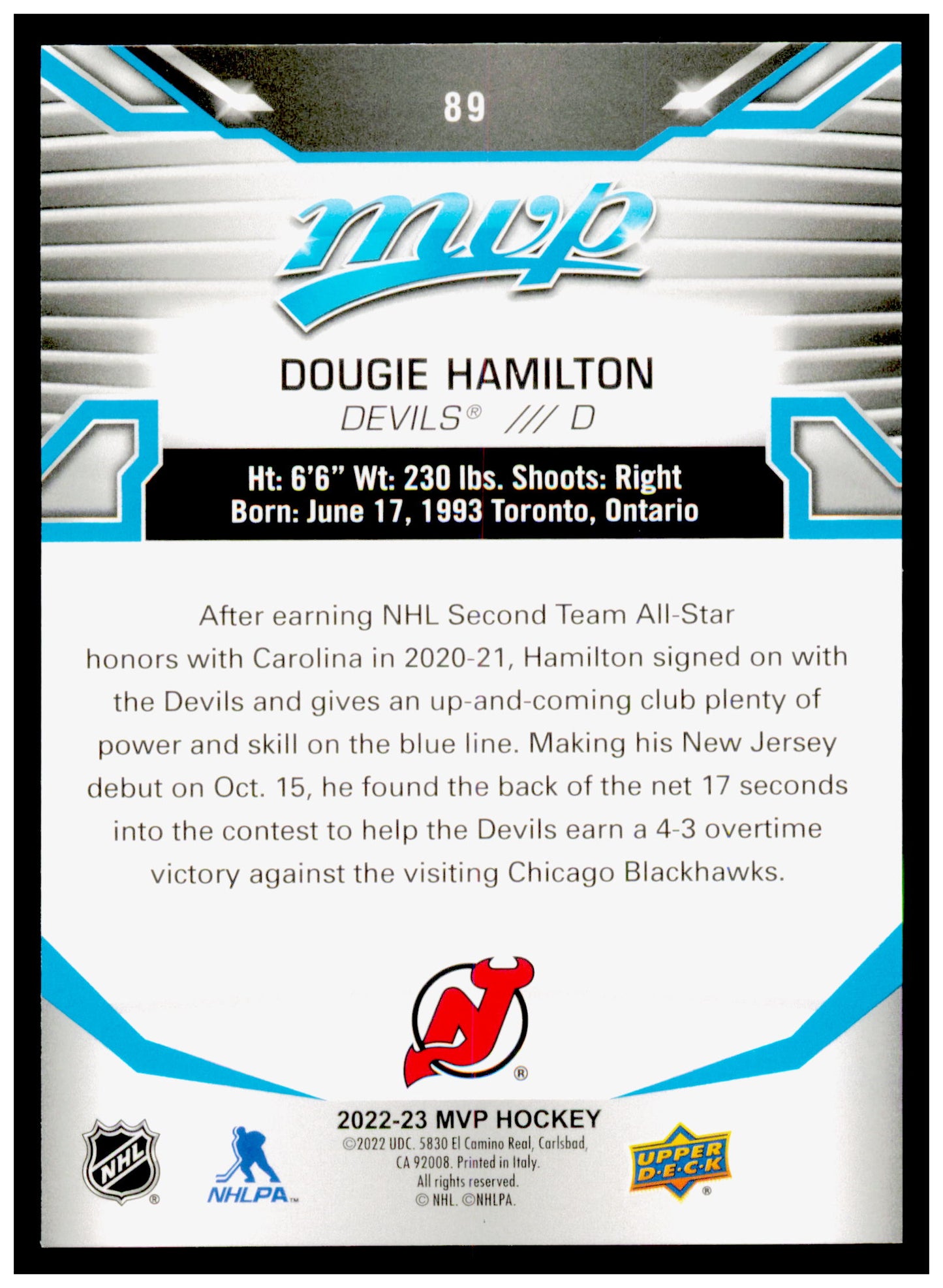 2022-23 Upper Deck MVP Dougie Hamilton Card New Jersey Devils #89