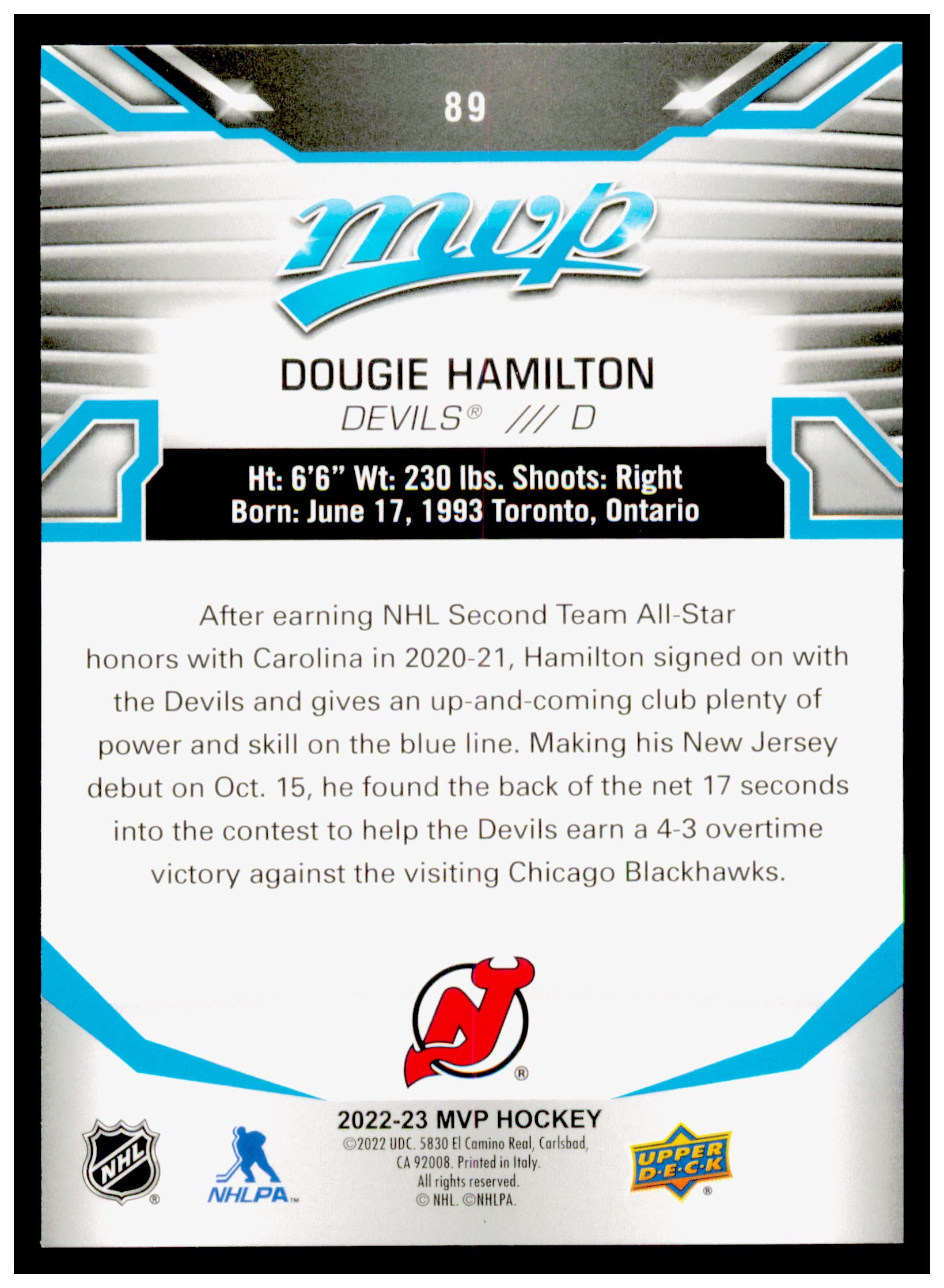2022-23 Upper Deck MVP Dougie Hamilton Card New Jersey Devils #89