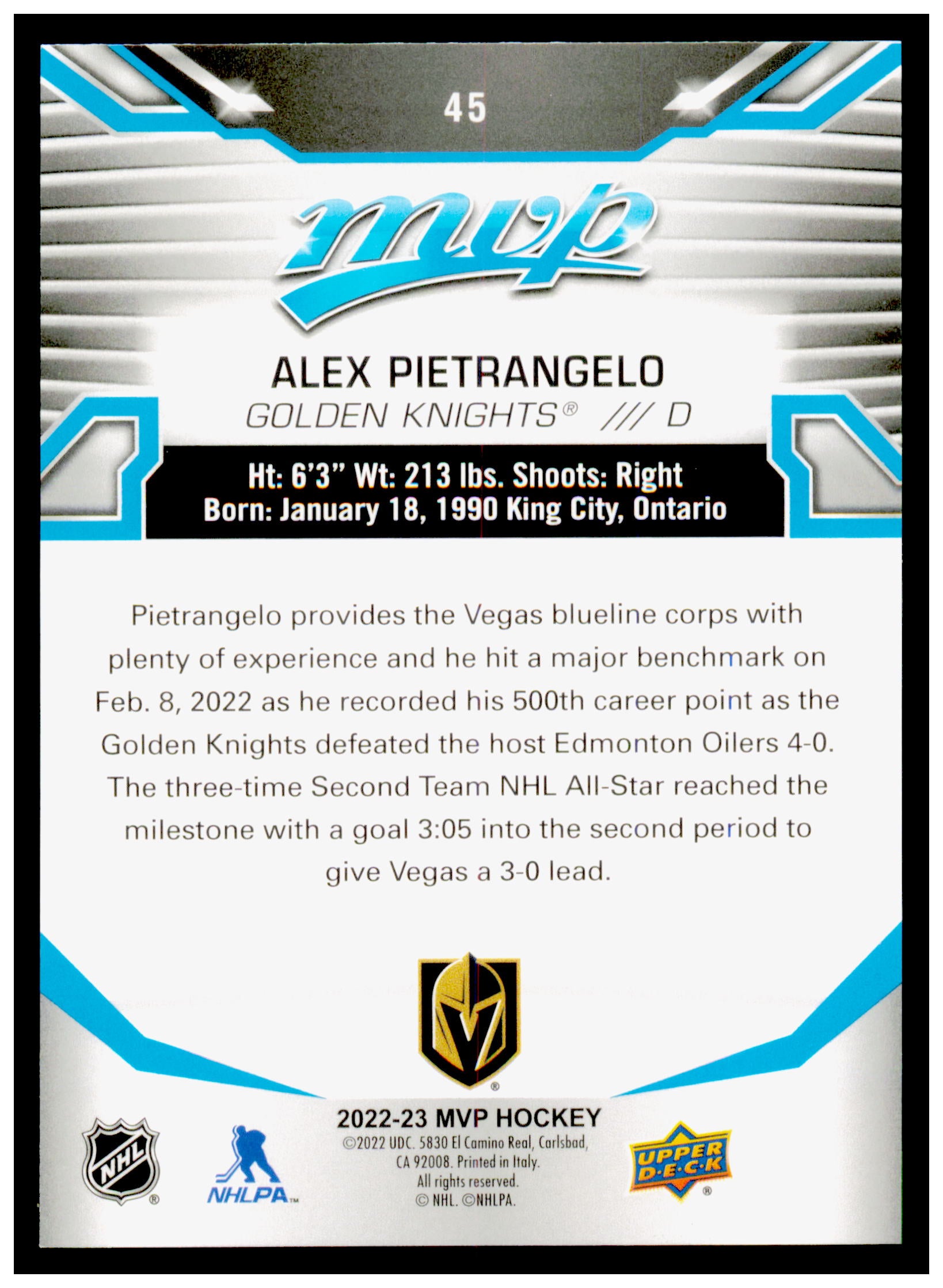 2022-23 Upper Deck MVP Alex Pietrangelo Card Vegas Golden Knights #45