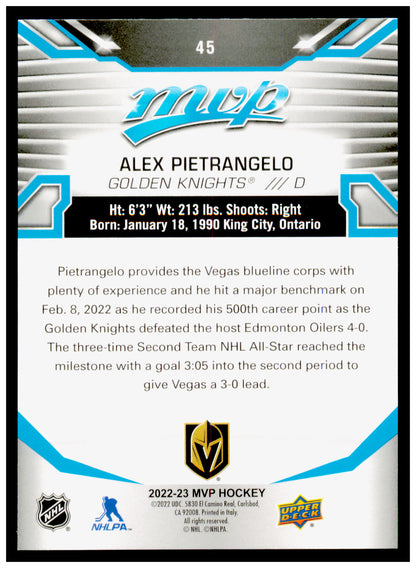 2022-23 Upper Deck MVP Alex Pietrangelo Card Vegas Golden Knights #45